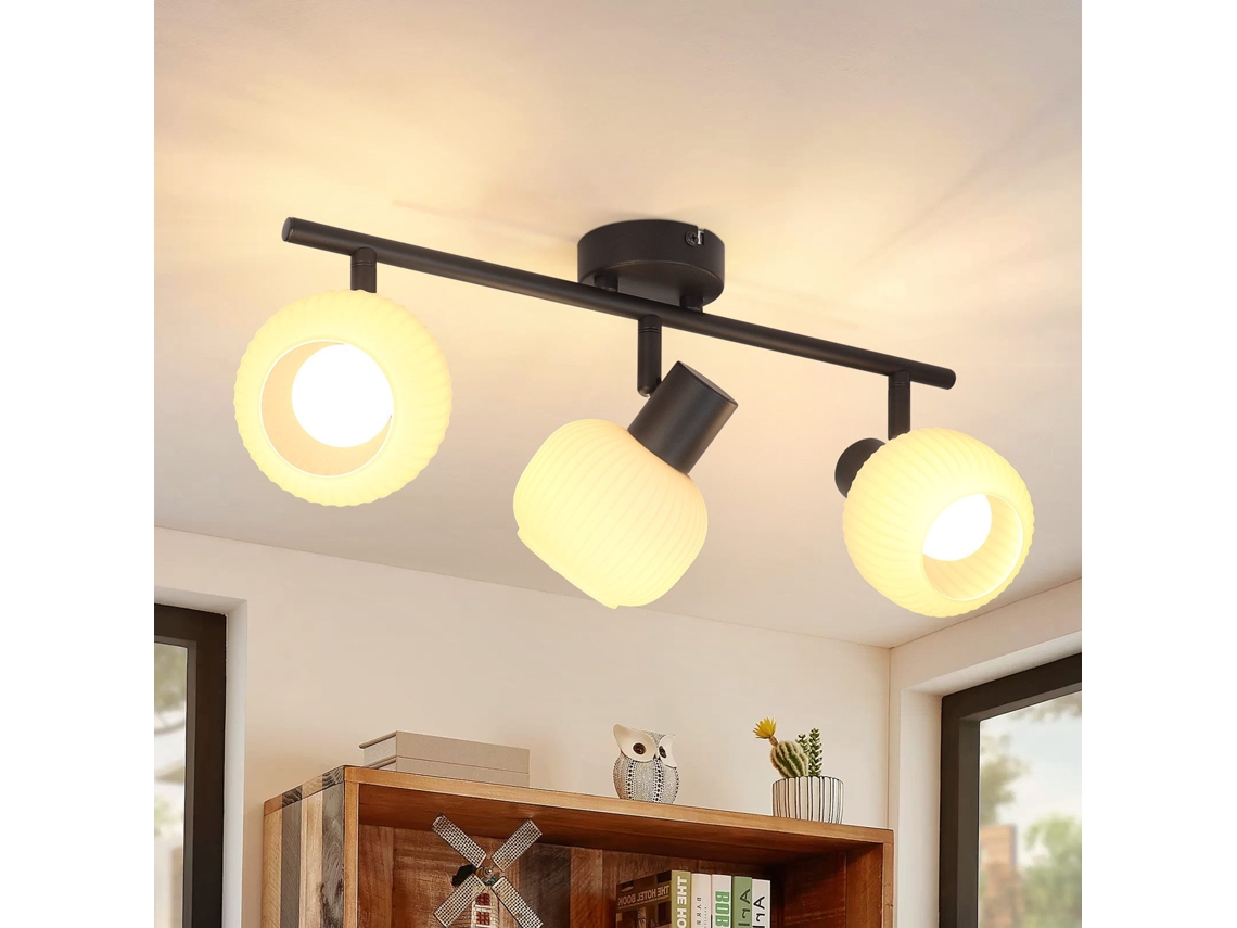 Nettlife Candeeiro De Teto Com Focos Preto E14 Vintage Vidro Interior Moderno Para Quarto E Sala De Estar, 25 W, 16,5 Cm, Orientáveis