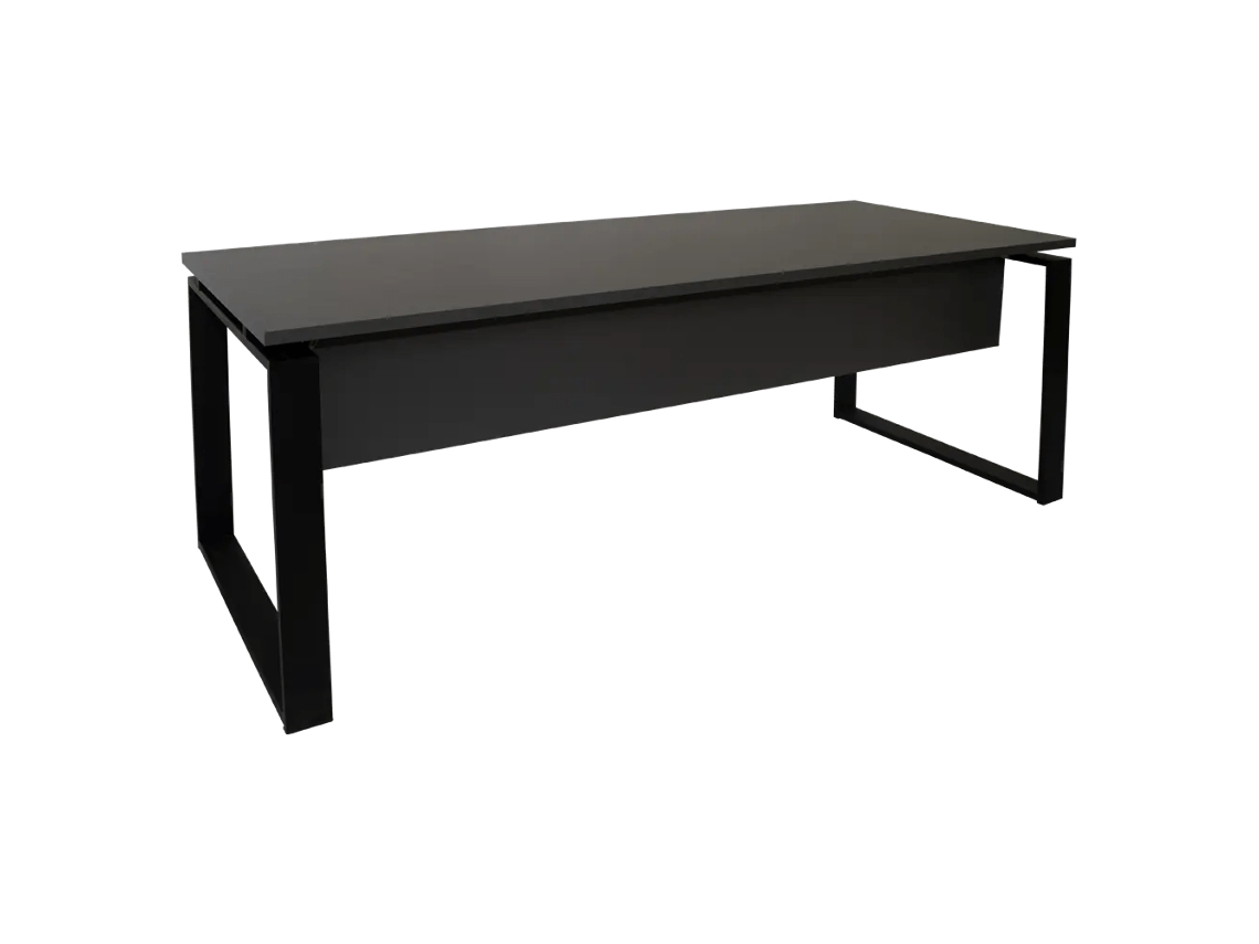 Mesa-Mesa com Saia. Estrutura metálica aberta preta. 180x60cm. Cinza. OFILIKE