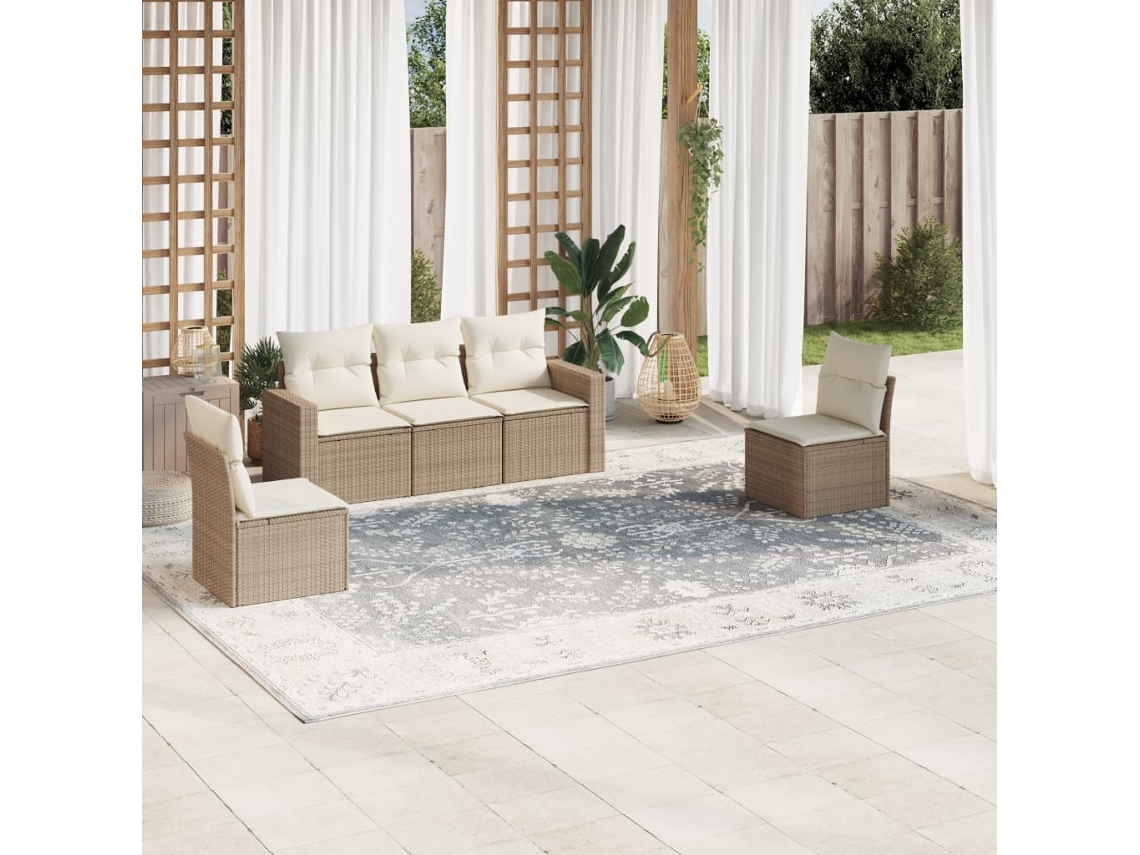 Vidaxl 5 Pcs Conjunto De Sofás P/ Jardim Com Almofadões Vime Pe Bege