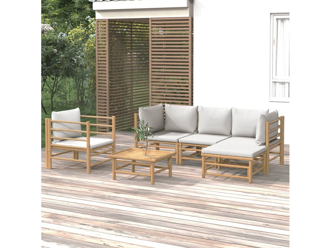 Conjunto 6 Peças Lounge De Jardim Bambu C/ Almofadões Cinza Claro Dkd Home Decor