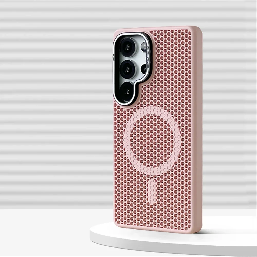 (samsung S24 Ultra Rosa) Capa Protetora Magnética Com Dissipação De Calor Em Malha E Suporte Para Lente.
