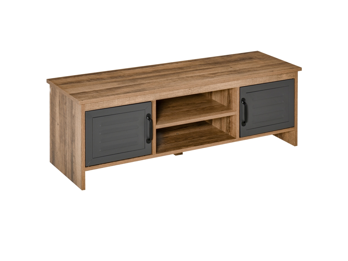 Móveis De Tv 109x35x38cm Madeira Natural E Cinza Para Até 42 Polegadas, 2 Compartimentos Fechados E 2 Prateleiras Abertas.
