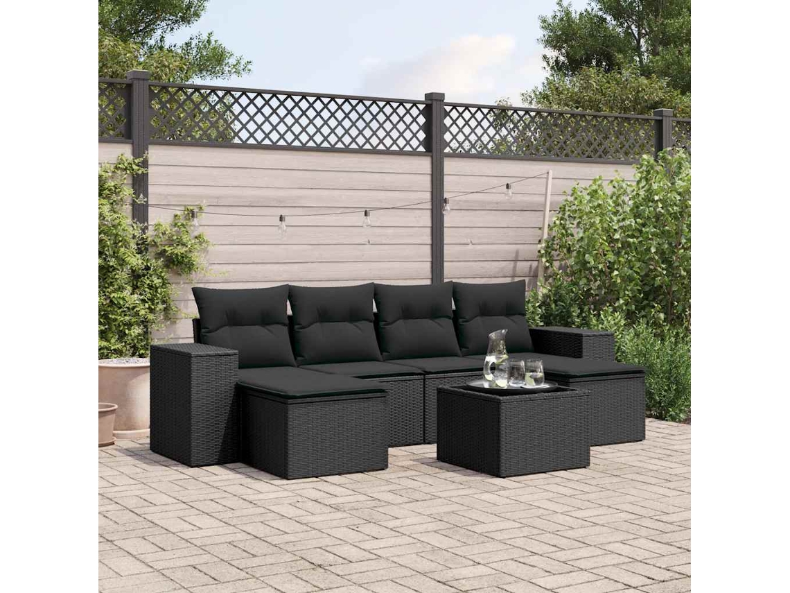 Vidaxl 7 Pcs Conjunto De Sofás P/ Jardim C/ Almofadões Vime Pe Preto