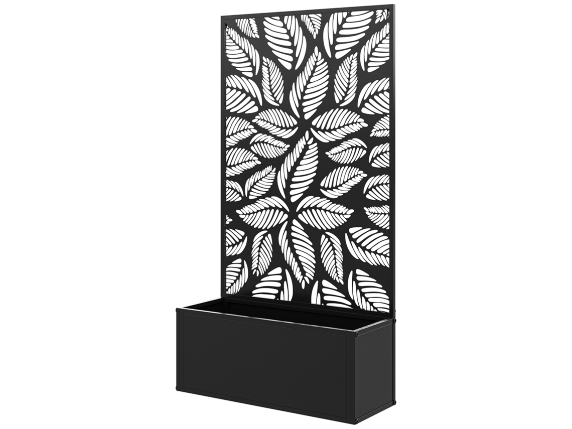 Floreira De Metal Com Ecrã De Privacidade Com Folhas Decorativas De Parede Ou Independente 61x23x113 Cm Preto