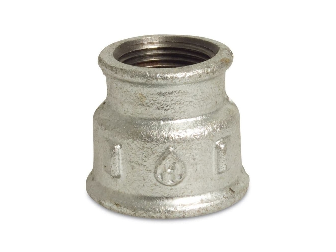 Redução de ferro fundido macho 1 1/2 x 1 1/4 com rosca interna e galvanização Klasebo