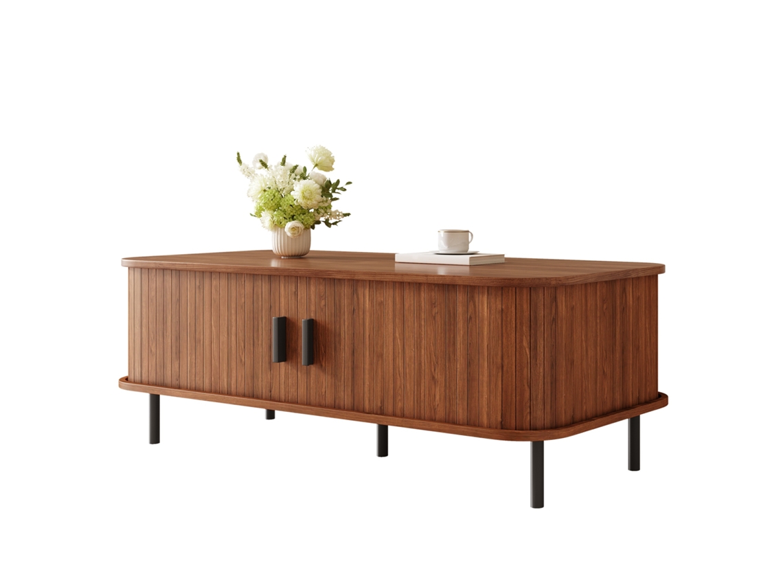 Mesa De Centro Retangular Com Portas De Correr E Ripas Verticais Cor Nogueira 100x50x45 Cm