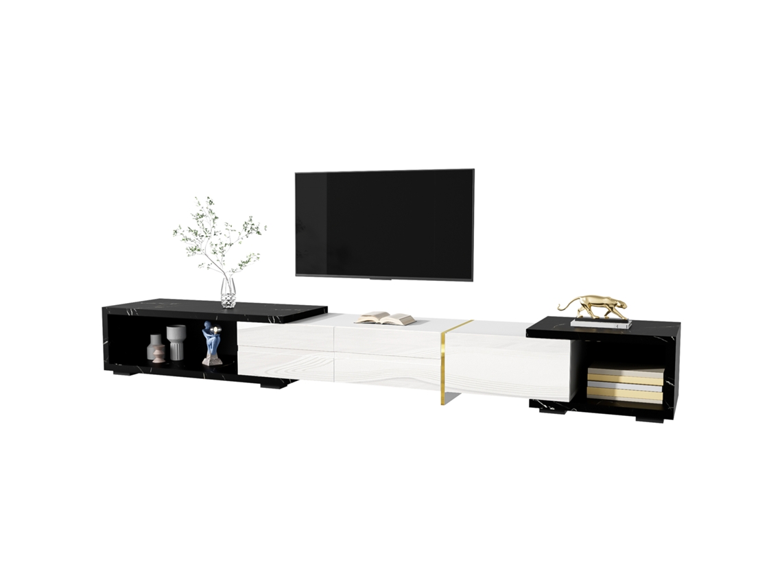 Móvel Giratório 140 260cm Mármore Preto Branco Led Dourado Moderno