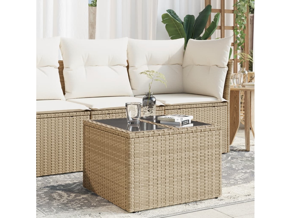 Vidaxl Mesa De Jardim Com Tampo De Vidro 55x55x37 Cm Vime Pe Bege