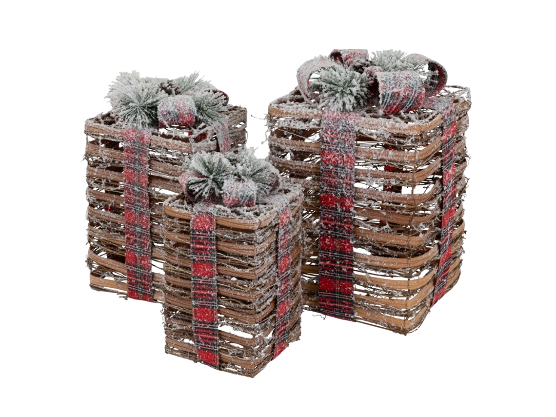 Conjunto de 3 Caixas de Presente de Natal Led em Rotim Branco ECD