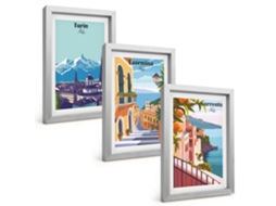 Composição De Quadros Na Paredevistas Coloridas De Cidades Retrô Moldura Prateada Quadros Para A Sala De Estar Espelharte (3 Peças 20x30 Cm)