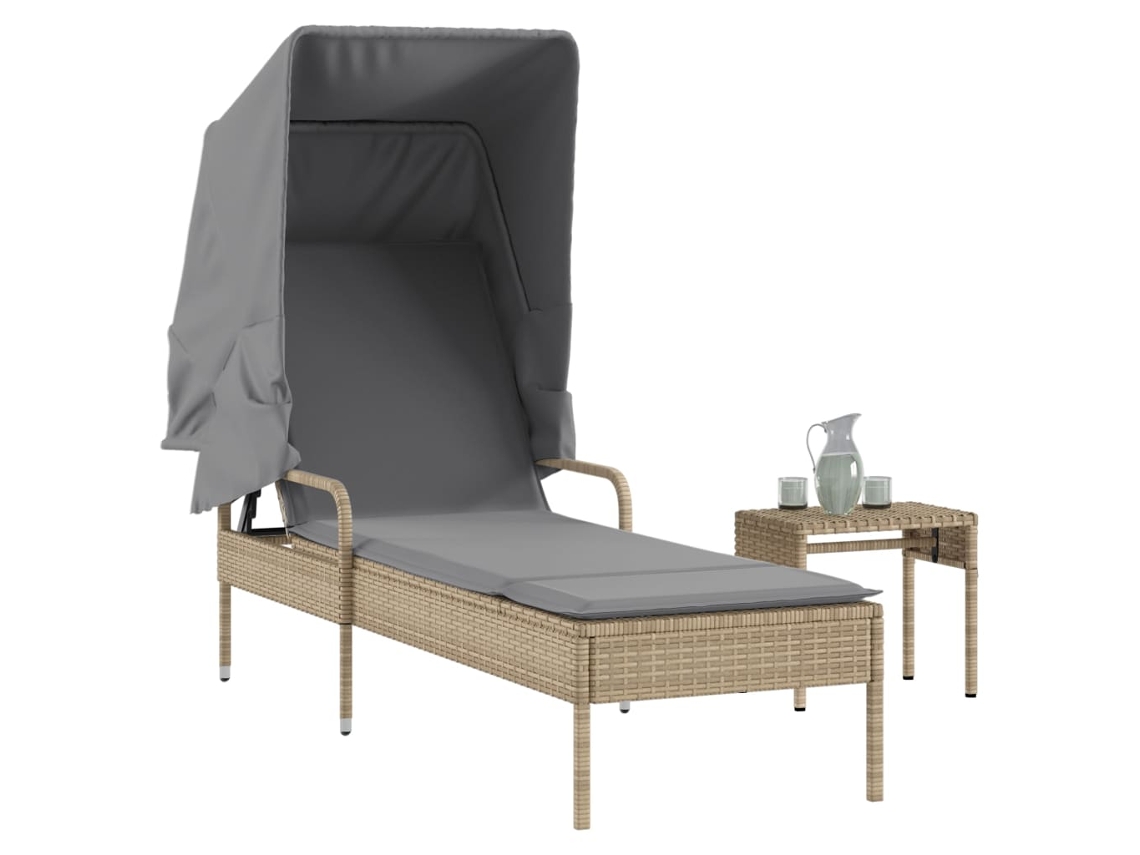 Vidaxl Espreguiçadeira Com Toldo E Mesa Vime Pe Bege