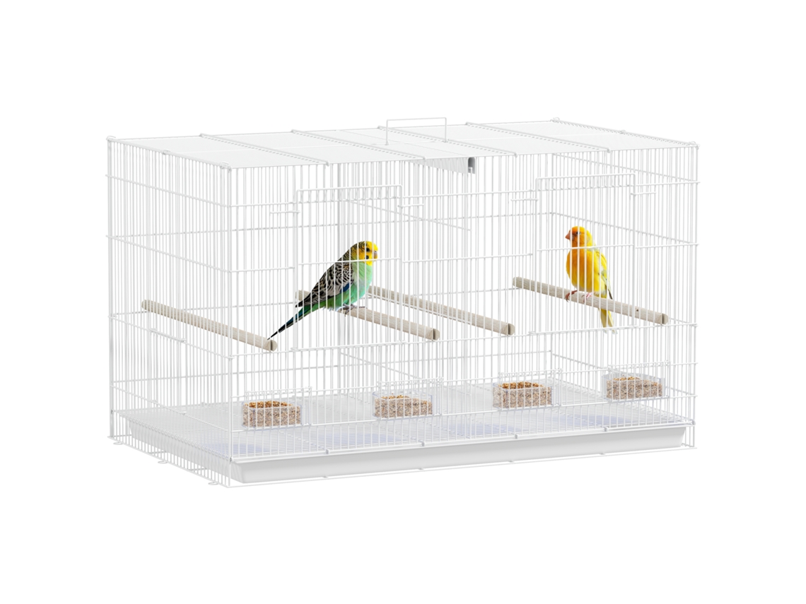 Gaiola Para Pássaros Com Divisória Gaiola Para Aves Com 4 Comedouros 4 Poleiros E Bandeja Amovível 76x46x46 Cm Branco