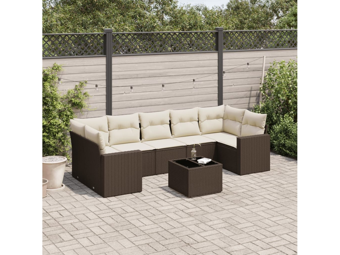 Vidaxl 8 Pcs Conjunto Sofás De Jardim C/ Almofadões Vime Pe Castanho