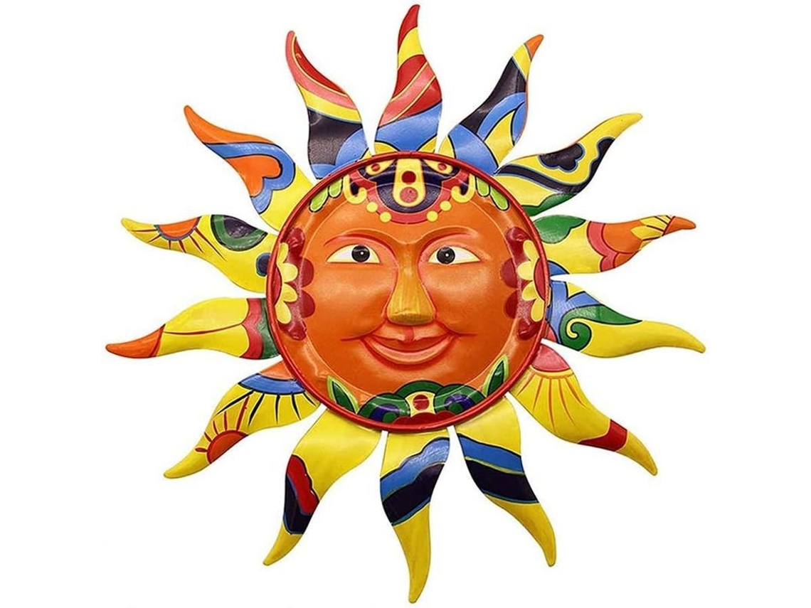 Arte De Parede De Metal 12,8 Polegadas Sol Decorativo De Ferro Pintado À Mão Para Lar Jardim