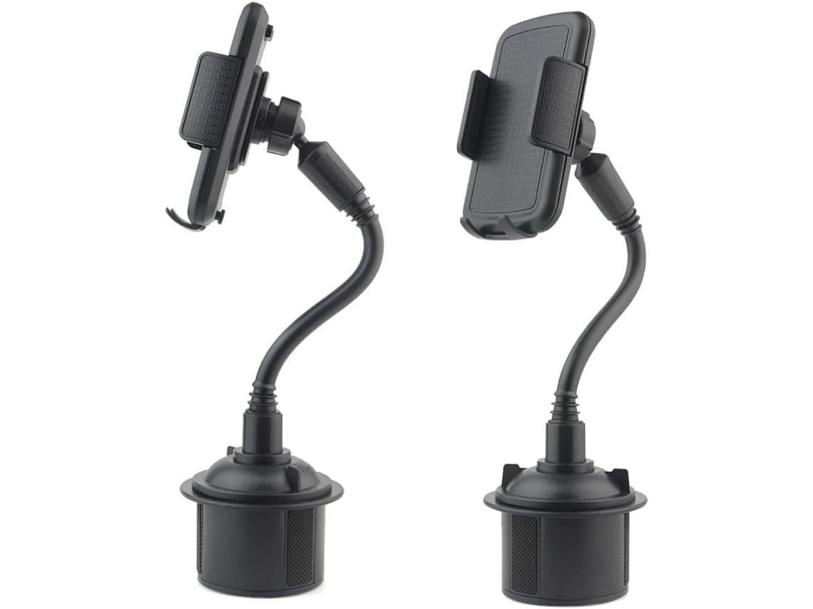 Suporte veicular para celular com rotação de 360 graus e ajuste de ângulo.