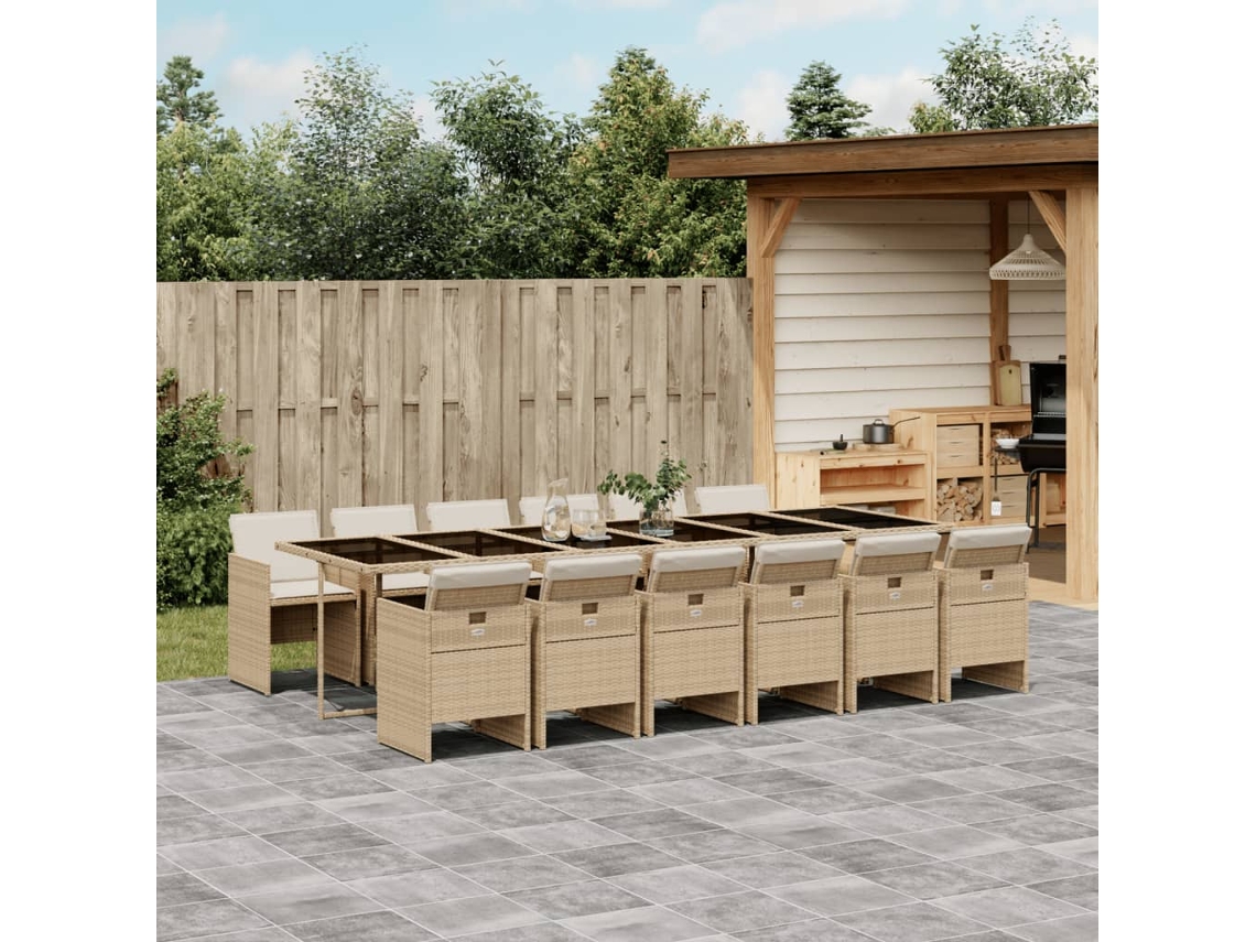 Vidaxl 13 Pcs Conjunto De Jantar P/ Jardim Com Almofadões Vime Pe Bege