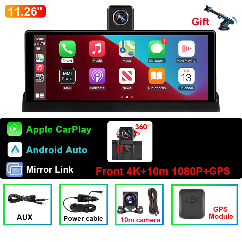 (gps Duplo De 10 M, Sem Sim) Câmera Veicular 4k De 11,26 Polegadas Com Carplay Sem Fio E Gps De Lente Dupla