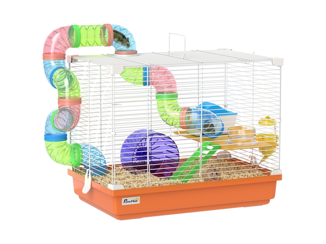 Gaiola para Hamsters com Túnel para Tigela para Beber Rampa de Exercício Roda Removível 46x30x37 Cm Laranja Ge