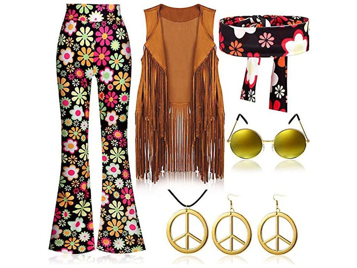Fasst traje Retrô Hippie Anos 70 com Colete de Franja, Calças e Cachecol | S/MARCA