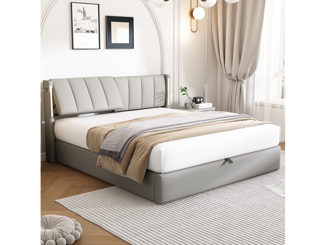 Cama 140x190 Com Led Usb E Baú Cinza