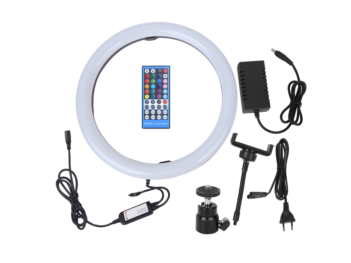 Refletor circular de LED colorido com 12 polos, controle remoto e aplicativo para celular.