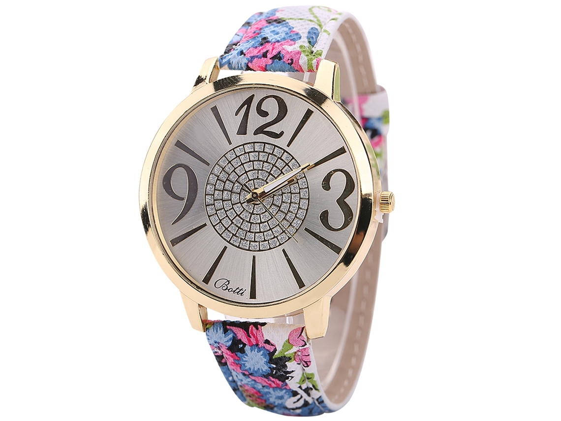 Relógio de Pulso Feminino com Pulseira de Pu Estampa Floral Dial Grande Quartzo Azul