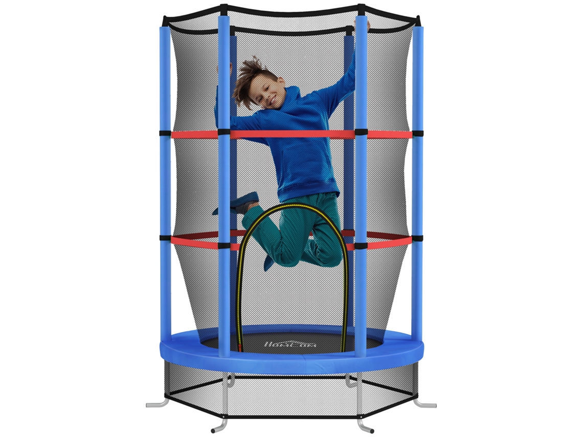 Trampolim Infantil com Rede Protetora e 6 Colunas, Ø140x190 Cm, para Crianças de 3 a 6 Anos, Azul e Preto
