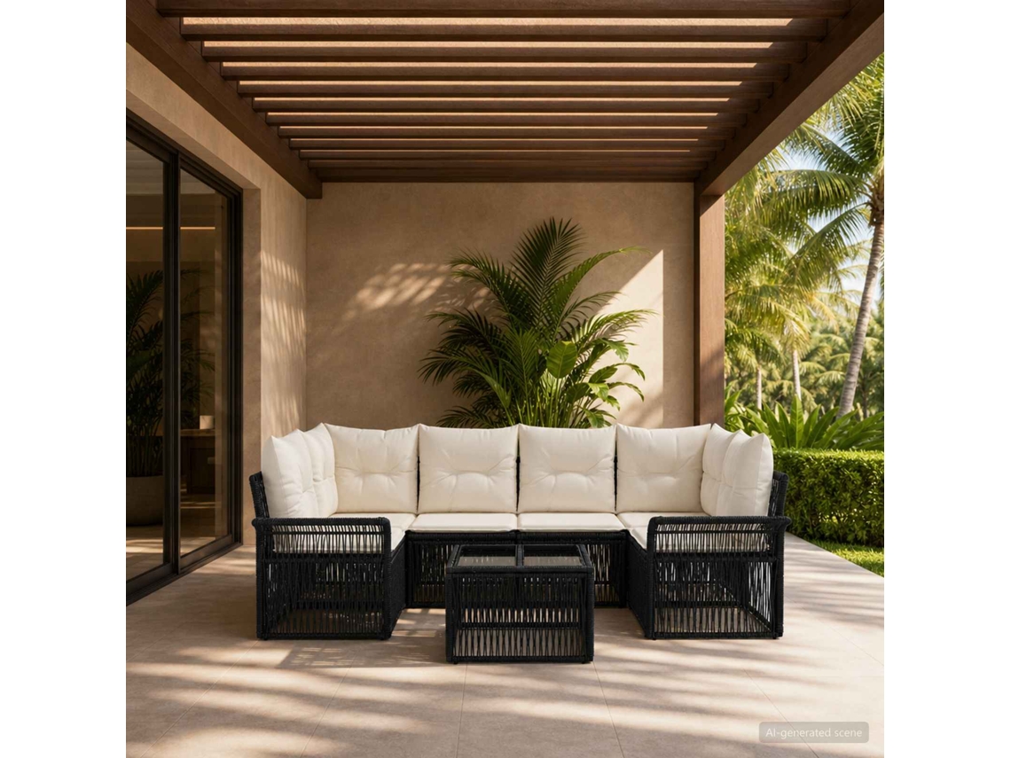 Vidaxl Conjunto De Sofá De Jardim 7 Unid. Preto Vime Pe