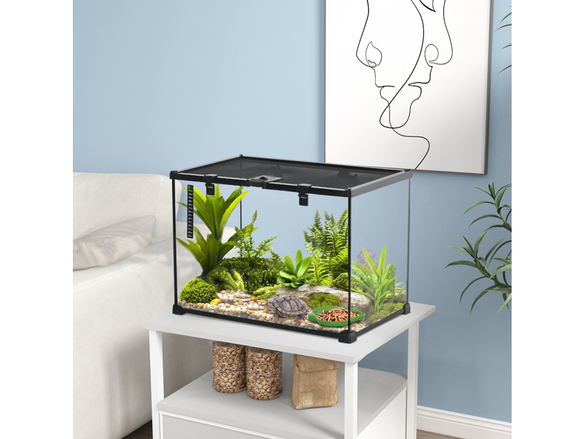 Terrário de vidro para répteis, 50 x 30 x 35 cm, caixa de alimentação para criação de répteis, estrutura metálica.