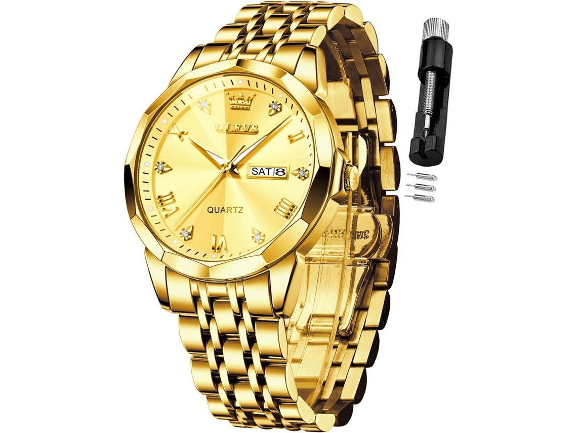 Lurelia Relógio Masculino, Movimento De Quartzo, Analógico, Data/calendário, Luminoso, Detalhes Com Strass, Aço Inoxidável, Dourado