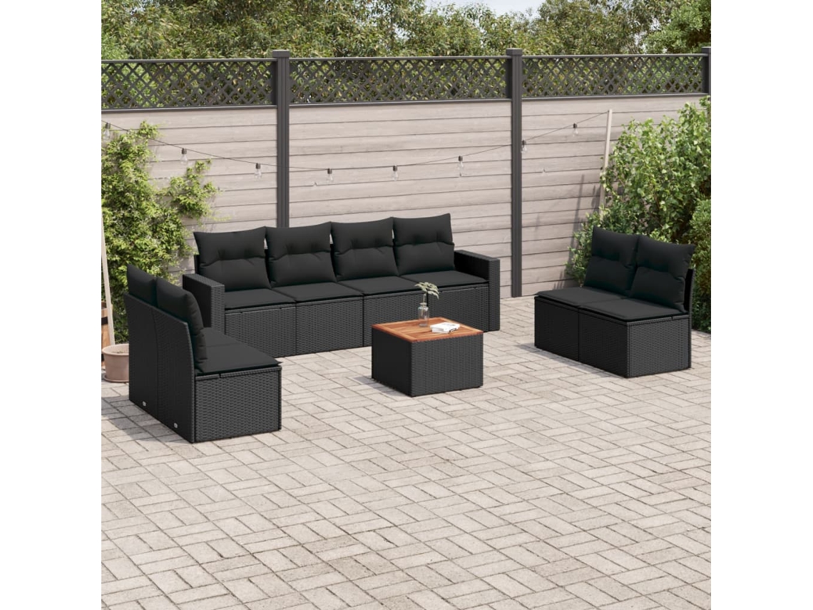 Vidaxl 9 Pcs Conjunto De Sofás P/ Jardim C/ Almofadões Vime Pe Preto