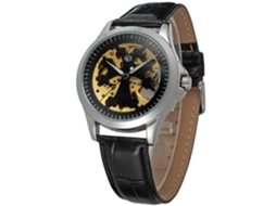 Relógio masculino Forsining casual automático mecânico com pulseira de PU, resistente à água, preto e prata.