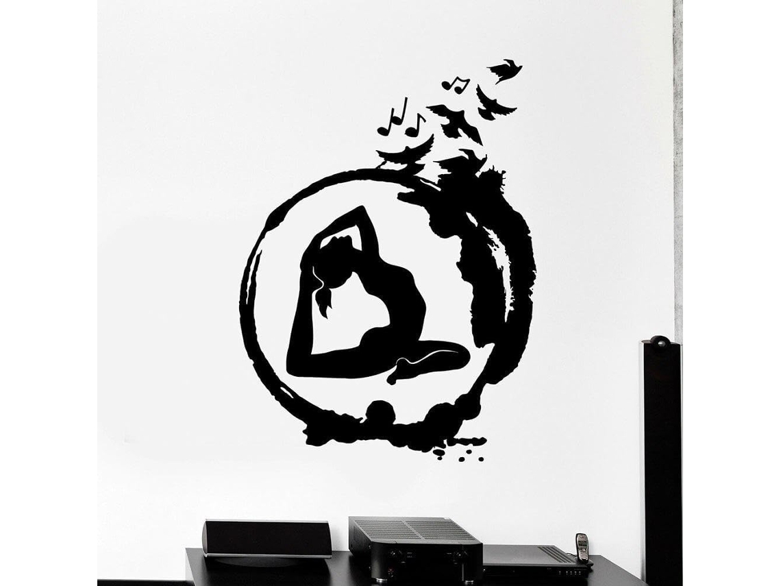 Adesivo de parede com postura de ioga zen, círculos e pássaros para decoração de interiores de salas de meditação. Pode ser usado em portas e janelas. Adesivo removível de vinil, 74x99cm.