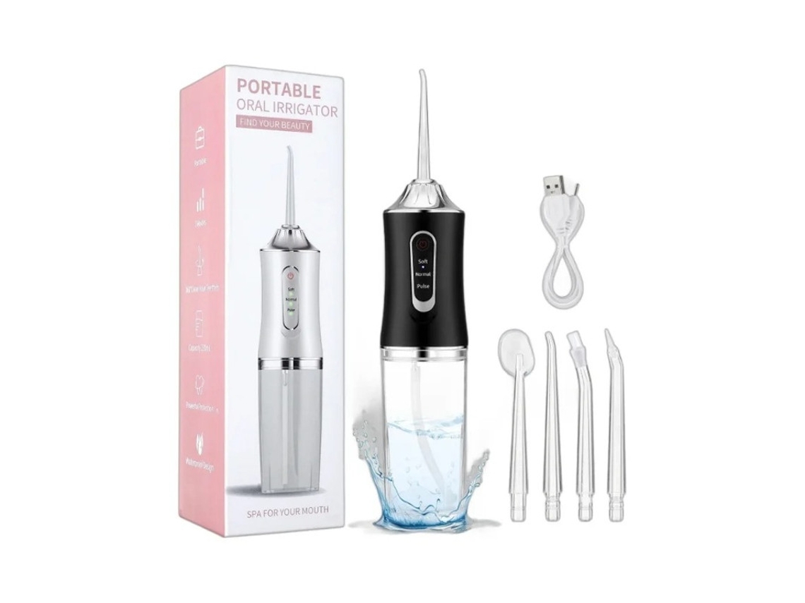 Irrigador Oral Fio Dental Elétrico Portátil Para Limpeza Oral E Dentária Preto 4 Bicos Yizhood