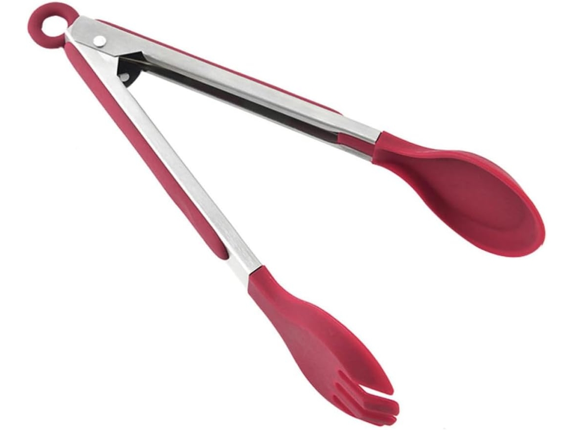 Pinça Para Churrasco Em Silicone Vermelho E Aço Inoxidável Com Pega Segura Superfície Lisa, Ideal Para Café Da Manhã E