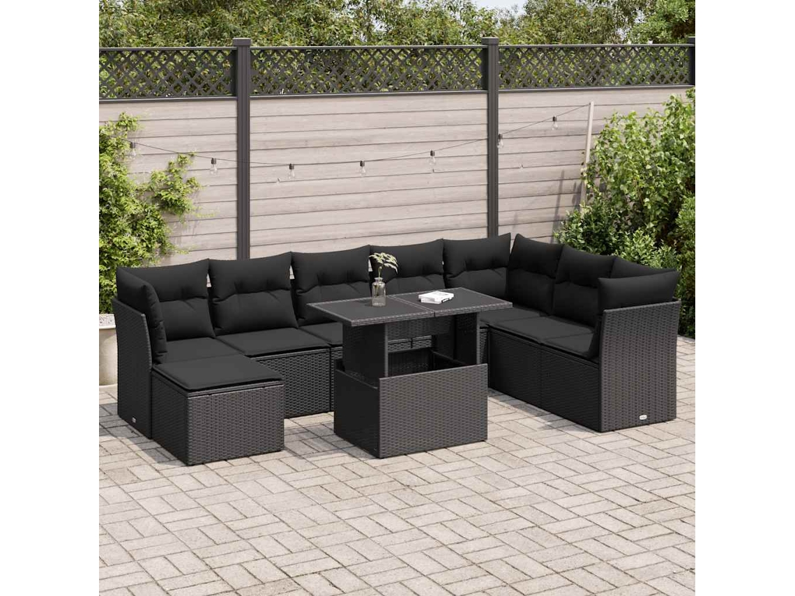 Vidaxl 9 Pcs Conjunto De Sofás P/ Jardim C/ Almofadões Vime Pe Preto