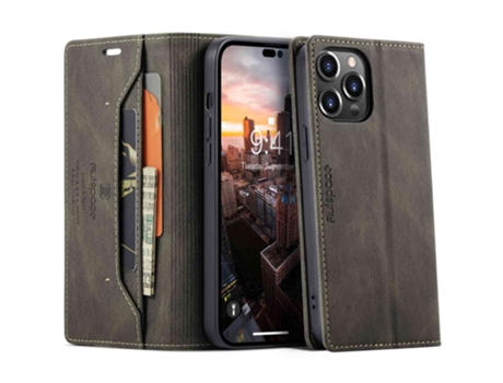 Capa Bloqueio Rfid Para Iphone 14 Pro Max Autspace Pele Sintética Castanho