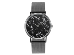 Relógio de pulso casual para mulheres e homens com pulseira de malha, mostrador redondo e estampa de mármore preto.