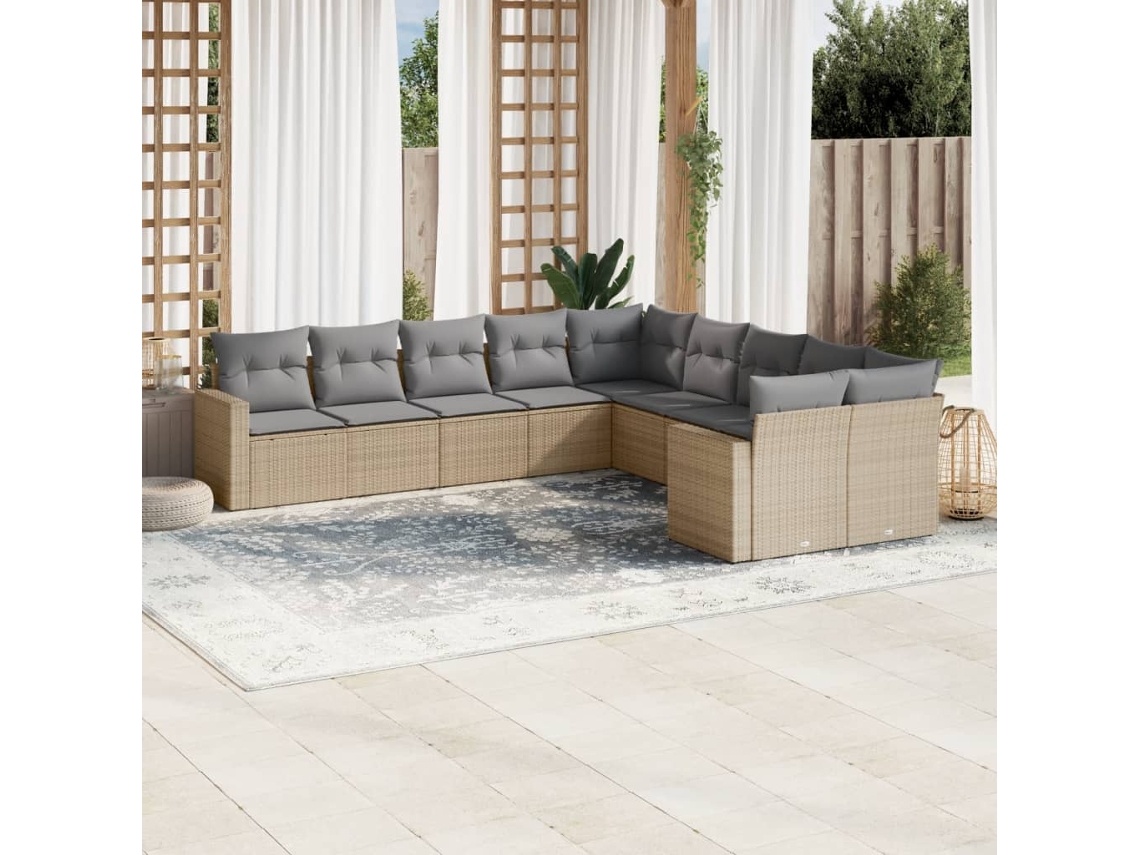 Vidaxl 10 Pcs Conjunto De Sofás P/ Jardim Com Almofadões Vime Pe Bege