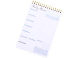 Agenda semanal A5 em papel branco e liga de alumínio, com design delicado e sem adesivo.