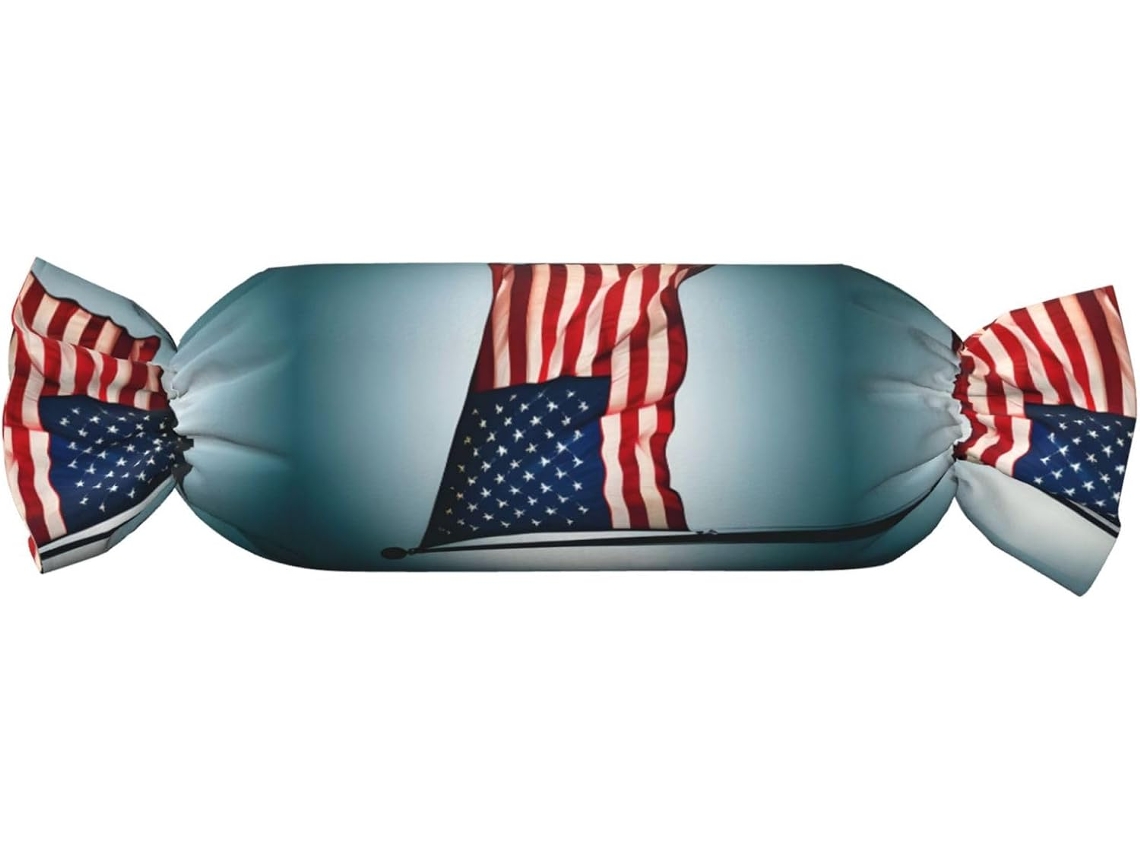 Almofada Cilíndrica Formato de Doce com Estampa da Bandeira Americana 100 % Poliéster Ideal para Viagens,