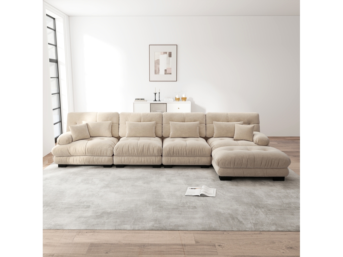 Sofá Modular L 4 Lugares Cloud Com Otomano Móvel Chenille Café Claro Mobrio