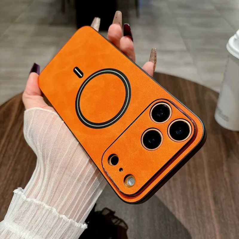 Capa De Couro Magnética Para Iphone 15 Pro (laranja) Com Carregamento Sem Fio E Estrutura Resistente A Impactos.