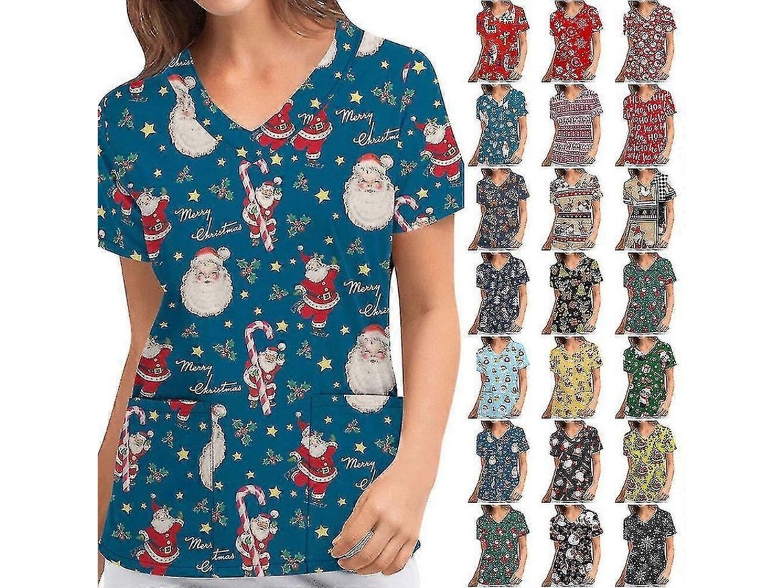 Camisa de Enfermeira de Natal Manga Curta Decote V Camisa Scrub Preto Claro S/MARCA