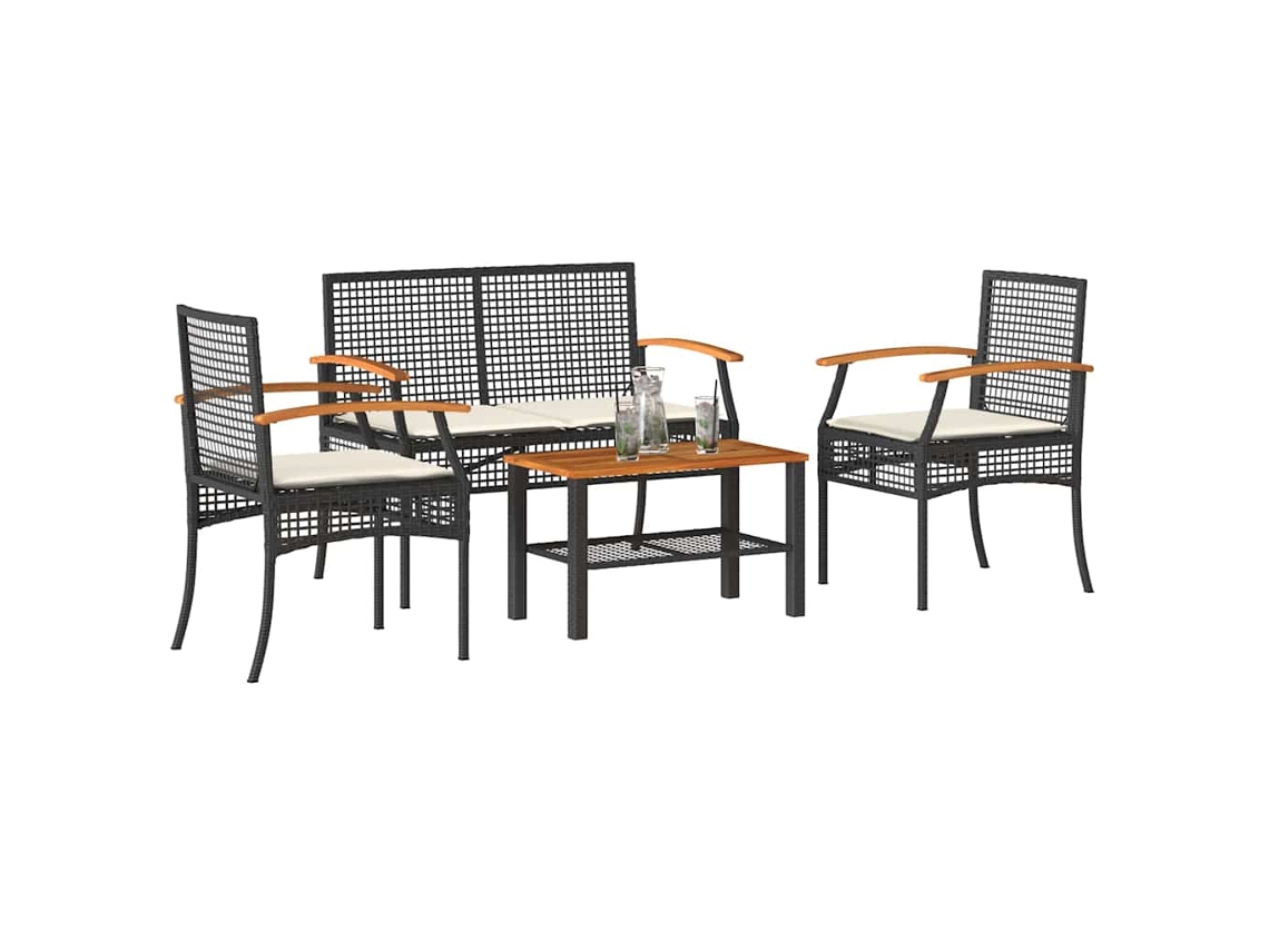 Vidaxl 4 Pcs Conjunto Lounge de Jardim C/ Almofadões Vime Pe Preto