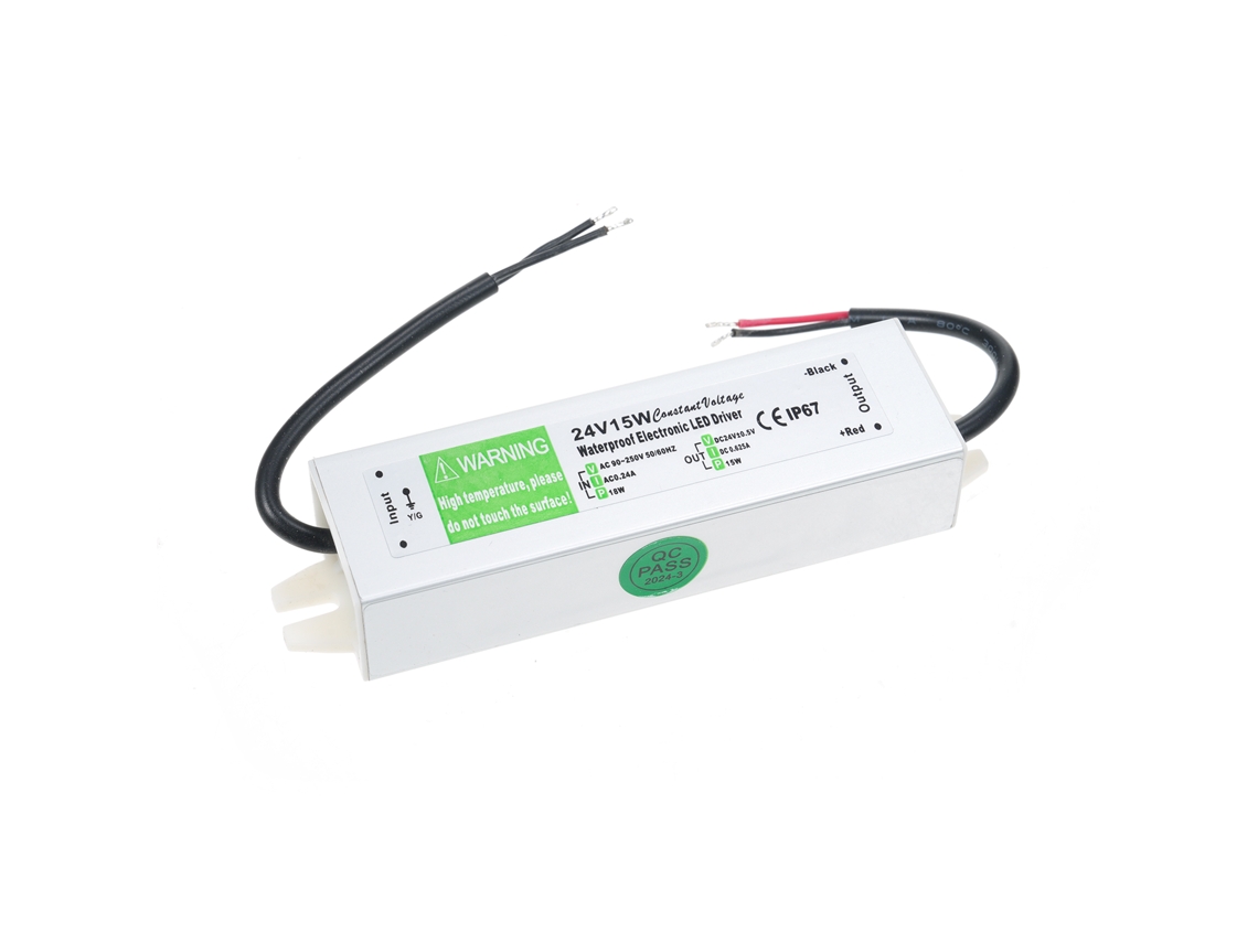 Fonte de alimentação LED à prova d'água IP67 2026, transformador AC 90V/250V para DC 24V 15W para fitas de LED externas.