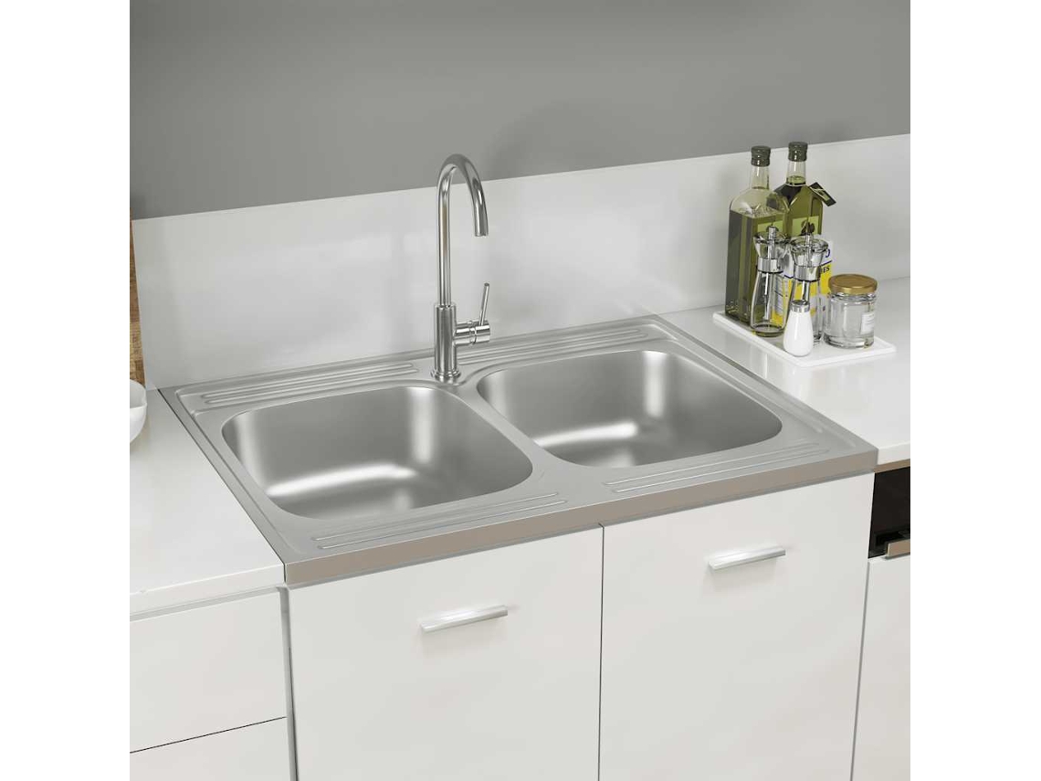 Vidaxl Lava-louça Cozinha + Cuba Dupla 800x600x155mm Aço Inox Prateado