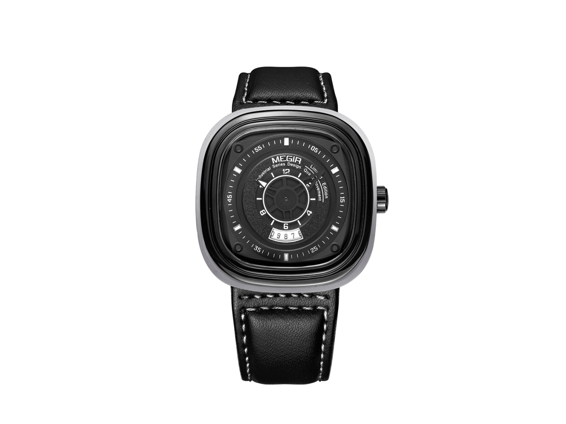 Relógio masculino Megir Fashion, em metal resistente à água com pulseira de couro ajustável, preto.