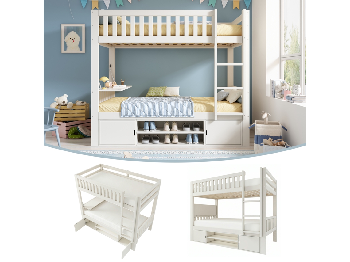 Cama Alta Infantil 90×200cm Branca Com Mesa Dobrável E Prateleira Para Sapatos