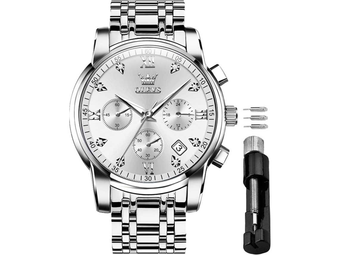 Lurelia Relógio Cronógrafo Masculino, Movimento De Quartzo, Analógico, Data/calendário, Luminoso, Fase Da Lua, Aço Inoxidável, Prata, Branco